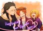  1girl 2boys ^_^ birthday black_hair blonde_hair braid capelet closed_eyes fate/apocrypha fate/zero fate_(series) head_wreath heart heart_of_string jacket long_hair multiple_boys orange_hair purple_jacket ruler_(fate/apocrypha) single_braid tukno uryuu_ryuunosuke 