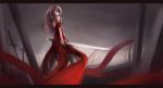  1girl arceonn back bare_shoulders border dress field_of_blades from_behind highres katana long_dress long_hair o-ring_top original pink_hair red_dress sword weapon 