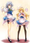  2girls alternate_costume blonde_hair blue_eyes blush braid embarrassed enmaided izayoi_sakuya kirisame_marisa knife long_hair maid maid_headdress mickey_dunn multiple_girls side_braid silver_hair single_braid thigh-highs touhou twin_braids yellow_eyes zettai_ryouiki 