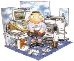  90s barefoot chibi controller desk game_console game_controller gamepad lowres monitor pen playstation printer self-portrait shirou_masamune sitting solo 