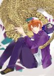  1boy black_eyes caster_(fate/zero) earrings fate/zero fate_(series) jacket jewelry leopard leopard_print orange_hair purple_jacket shoes sneakers solo tozrock uryuu_ryuunosuke 