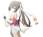  1girl bow breasts brown_hair kikugetsu long_hair looking_at_viewer looking_back simple_background smile solo violet_eyes white_background 
