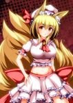 1girl animal_ears blonde_hair breasts cosplay fox_ears fox_tail hat large_breasts merry_(diameri) midriff multiple_tails open_mouth remilia_scarlet remilia_scarlet_(cosplay) short_hair short_sleeves skirt solo tail touhou yakumo_ran yellow_eyes 