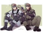  2boys 50yen bandana beard belt boots brown_hair cigarette eating eyepatch facial_hair metal_gear metal_gear_solid metal_gear_solid_3 mullet multiple_boys naked_snake new_year pouch sitting smoking sneaking_suit solid_snake time_paradox 