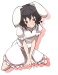  1girl :&gt; animal_ears black_hair blush bunny_tail inaba_tewi looking_at_viewer rabbit_ears red_eyes short_hair simple_background smile solo tail touhou tsuji_kazuo v_arms white_background 