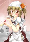  1girl alternate_hairstyle apron blush cooking dish hair_ornament head_scarf jeweled_pagoda kuzumomo ladle looking_at_viewer multicolored_hair pot ribbon short_sleeves side_ponytail sleeves_rolled_up solo stove toramaru_shou touhou two-tone_hair yellow_eyes 