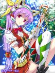  1girl agahari android animal_ears blush boots candy cat_ears christmas dress fingerless_gloves gloves long_hair ponytail purple_hair red_eyes smile star sweets thigh-highs 