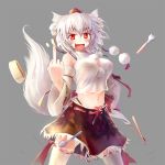  1girl animal_ears bare_shoulders blush chopsticks detached_sleeves dog_bowl fang fork grey_background hand_on_hip hat highres inubashiri_momiji kimikimi middle_finger midriff navel open_mouth red_eyes short_hair silver_hair simple_background skirt smile solo spoon tail thigh-highs tokin_hat touhou white_legwear wolf_ears wolf_tail 