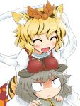  2girls [] anger_vein angry animal_ears black_hair blonde_hair blush breast_rest breasts breasts_on_head fang grey_hair large_breasts mouse_ears multicolored_hair multiple_girls nazrin shawl simple_background smile tiger_ears toramaru_shou touhou two-tone_hair white_background 