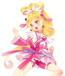  1girl aida_mana angry bike_shorts blonde_hair bow clenched_hand cure_heart dokidoki!_precure hair_ornament hairpin half_updo heart long_hair magical_girl mvv open_mouth pink_eyes ponytail precure ribbon skirt solo torn_clothes white_background 