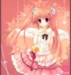  1girl breasts brown_hair cleavage dress hair_ornament hairpin hands_on_own_chest mitha pink_eyes skirt twintails wings 