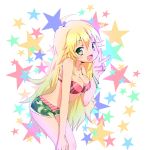  1girl ahoge bikini blonde_hair bracelet breasts green_eyes hoshii_miki idolmaster jewelry long_hair looking_at_viewer open_mouth short_shorts shorts solo star starry_background swimsuit take_(office-t) v 