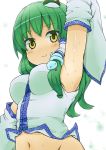  1girl arm_up armpits breasts detached_sleeves frog_hair_ornament green_eyes green_hair hair_ornament highres kochiya_sanae komito long_hair long_sleeves looking_at_viewer midriff navel smile snake_hair_ornament solo sweat touhou 