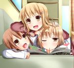  3girls blonde_hair blush brown_eyes brown_hair ehimedaisuki fangs hair_ornament hairclip long_hair multiple_girls oomuro_hanako oomuro_nadeshiko oomuro_sakurako open_mouth pocky short_hair siblings sisters smile yuru_yuri 