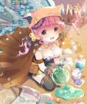  1girl bell black_legwear bottle breasts cleavage crying d; dress hair_bobbles hair_ornament hat highres kneeling mintchoco open_mouth pink_eyes pink_hair powder steam tagme tears test_tube thigh-highs wink 