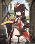  1girl armor bikini black_bikini black_hair blue_eyes boots coat garrison_cap gauntlets hat highres huge_weapon long_hair midriff navel necktie original small_breasts solo ssberit swimsuit sword thigh-highs thigh_boots two_side_up watermark weapon 