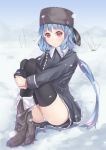  1girl blue_hair boots hat long_hair looking_at_viewer original panties ponytail ray-akila red_eyes sitting skirt snow solo thigh-highs underwear 