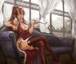  1girl breasts cleavage couch fangs horns japanese_clothes large_breasts long_hair looking_at_viewer original pipe ponytail red_eyes red_legwear redhead sandals sasagawa_(haikaiki) sitting smile solo thigh-highs window 