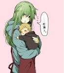  1boy 1girl apron baby blush brown_hair carrying green_hair hoodie if_they_mated kagerou_project kido_(kagerou_project) long_hair mitsu_yomogi mother_and_son short_hair tears translated 