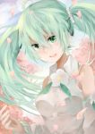  1girl green_eyes green_hair hatsune_miku petals saku_qq solo twintails vocaloid 