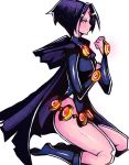  1girl belt boots cape dc_comics purple_hair raven_(dc) short_hair side sitting solo teen_titans white_background zxc 