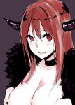  1girl :d blush breast_hold breasts choker cleavage collarbone fur_trim horns large_breasts maou_(maoyuu) maoyuu_maou_yuusha npt_(calpis) open_mouth red_eyes redhead simple_background sketch smile solo 