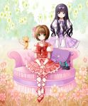  2girls absurdres bangs bare_shoulders black_hair blunt_bangs bowtie brown_hair cardcaptor_sakura choker cross-laced_footwear daidouji_tomoyo detached_sleeves dress floral_background flower frills hair_ornament hair_ribbon hairband hands_together highres jewelry kero kinomoto_sakura lolita_fashion long_hair looking_at_viewer multiple_girls pillow purple_dress red_dress ribbon ring rurutia8 short_hair sitting smile spinel_sun violet_eyes 