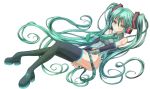  1girl boots detached_sleeves frown green_eyes green_hair hatsune_miku headset highres long_hair necktie no_pants simple_background skyclayman solo thigh-highs thigh_boots twintails very_long_hair vocaloid white_background 