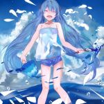  blue_hair bucket clouds daro_(645046276) hatsune_miku long_hair paint paintbrush short_shorts shorts sky twintails vocaloid water 