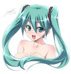  1girl 2013 bust dated green_eyes green_hair hatsune_miku long_hair nude open_mouth signature simple_background solo tomomimi_shimon twintails vocaloid white_background 
