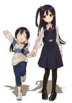  2girls age_switch arm_up black_hair black_legwear bow brown_eyes closed_eyes glasses hair_bow hair_ornament hiyo_kiki holding_hands hoodie kitashirakawa_anko kitashirakawa_tamako loafers long_hair low_twintails multiple_girls one_side_up open_mouth outstretched_arm pantyhose school_uniform shadow shoes siblings side_ponytail sisters smile standing standing_on_one_leg tamako_market teenage twintails young 