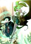  2girls angry battle bike_shorts breasts clenched_hand cure_march dress green green_dress green_eyes green_hair heterochromia highres hybrid_pandap large_breasts leg_up long_hair magical_girl majorina midorikawa_nao multiple_girls open_mouth ponytail precure purple_legwear red_eyes revision shoes smile thigh-highs thigh_strap tri_tails 