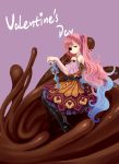  bare_shoulders blue_hair chocolate dress eyepatch gradient_hair hair_ornament heart heart-shaped_pupils high_heels jewelry long_hair multicolored_hair necklace necolab original pantyhose pink_hair shoes staff symbol-shaped_pupils valentine very_long_hair violet_eyes 