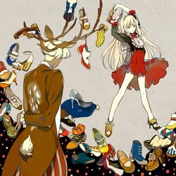  1boy 1girl animal_ears antlers arm_behind_back arms_up blonde_hair boots bow deer glass_slipper hairband high_heels long_hair loo mismatched_footwear original personification pillow polka_dot red_eyes shoes short_hair striped too_many 