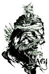  1boy anyueh armor cape drakon magi_the_labyrinth_of_magic male monochrome smile solo weapon 