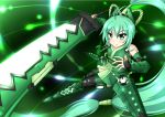  1girl armor fusion gauntlets glowing green_eyes green_hair kakukaku_(artist) long_hair solo sword vividgreen vividred_operation weapon 