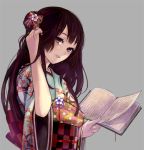  1girl black_hair book bow checkered floral_print grin hair_bow hand_in_hair japanese_clothes kimono long_hair obi original pisuke smile solo violet_eyes 