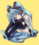  1girl amezawa_koma blue_eyes blue_hair boots detached_sleeves hatsune_miku headphones leg_hug long_hair necktie simple_background skirt smile solo thigh-highs thigh_boots twintails very_long_hair vocaloid 