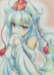  1girl absurdres animal_ears biting colored_pencil_(medium) detached_sleeves eating hat highres inubashiri_momiji kitazinger red_eyes short_hair solo tail tokin_hat touhou traditional_media white_hair wolf_ears wolf_tail 