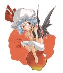  1girl apple barefoot bat_wings bloomers food fruit graphite_(medium) hat nu_ma pointy_ears remilia_scarlet short_hair sitting solo touhou traditional_media wings 