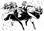  2girls alice_margatroid ascot bow capelet detached_sleeves hair_bow hair_tubes hairband hakurei_reimu knight lance mary_janes monochrome multiple_girls polearm puppet_strings shield shoes short_hair skirt t-asama touhou weapon 