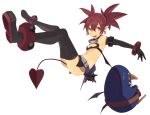  1girl bracelet cats_brain collar demon_tail demon_wings disgaea earrings etna fang flat_chest jewelry mound_of_venus navel open_mouth pouch prinny red_eyes redhead short_hair skull sweatdrop tail twintails white_background wings 