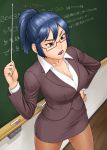  1girl bang-you blue_hair breasts brown_eyes chalkboard classroom cleavage female glasses large_breasts original pantyhose ponytail red-framed_glasses short_hair skirt solo teacher 