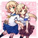  2girls :d amagumo bag black_legwear blush green_eyes horn hoshiguma_yuugi kneehighs locked_arms long_hair mizuhashi_parsee multiple_girls open_mouth pleated_skirt red_eyes school_uniform serafuku short_hair skirt smile touhou 