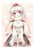  1girl animal_ears blush breasts detached_sleeves hat heart heart_hands inubashiri_momiji looking_at_viewer red_eyes short_hair solo tamichan tokin_hat touhou white_hair wolf_ears 