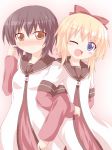  2girls alternate_hair_length alternate_hairstyle black_hair blonde_hair blue_eyes blush brown_eyes funami_yui hair_ribbon kagerou_(kers) multiple_girls open_mouth ribbon school_uniform short_hair smile toshinou_kyouko wink yuru_yuri 