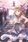  1girl 90i :d blush bow brown_hair chain cherry_blossoms cuffs fang gourd hair_bow horn_ribbon horns ibuki_suika long_hair open_mouth ribbon shackles smile solo stairs torii touhou yellow_eyes 