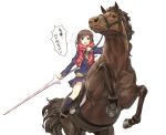  1girl absurdres animal breath highres horse horseback_riding lance open_mouth orda original polearm riding scarf school_uniform simple_background weapon white_background 