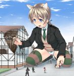  animal_ears blue_eyes braid brown_hair building city giantess long_hair lynette_bishop necktie open_mouth panties single_braid strike_witches striped striped_legwear terada_ochiko thigh-highs underwear 