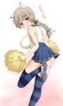  1girl animal_ears blush braid breasts brown_hair cheerleader long_hair looking_at_viewer lynette_bishop open_mouth p-tana pom_poms shiny shiny_clothes shiny_skin skirt solo strike_witches striped striped_legwear thigh-highs translation_request violet_eyes 